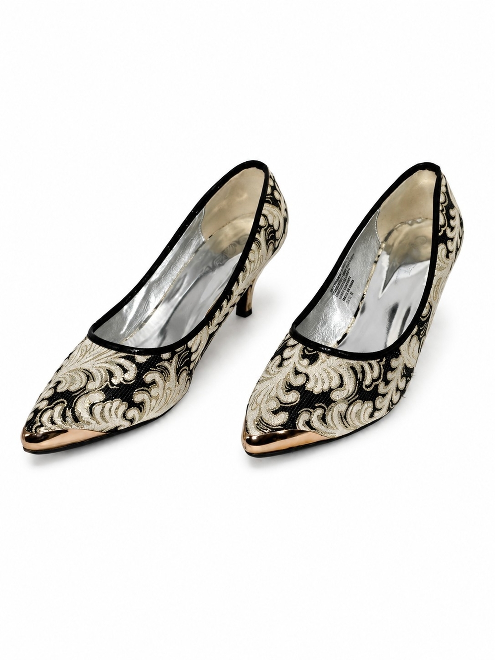 Black and Gold Embroidered Pointed-Toe Kitten Heels